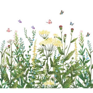 Detailed view of hand-drawn garden meadow wall stickers with colorful butterflies and flowers
