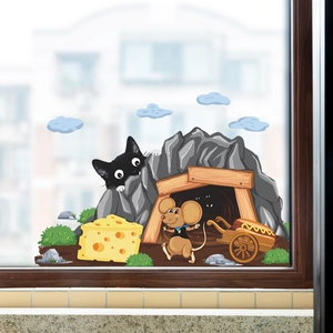 Cartoon Cat Peeking Mouse Hole Wall Sticker Removable PVC Decal For Kids Room Nursery Bathroom Toilet Furniture Decor