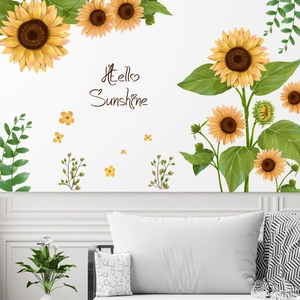 Hello Sunshine sunflower wall decals with vibrant yellow petals and green leaves for home decor