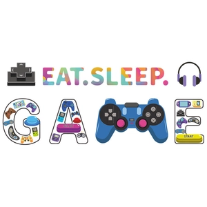 Detailed view of EAT SLEEP GAME wall decal with colorful gradient gaming icons