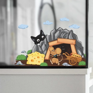 Cartoon mouse hole wall stickers with cat and cheese for kids room corner decoration