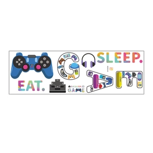 Flat lay of Eat Sleep Game wall stickers featuring blue controllers and gaming headsets