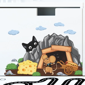 Cartoon mouse hole wall decal with cat and cheese for children's room decor
