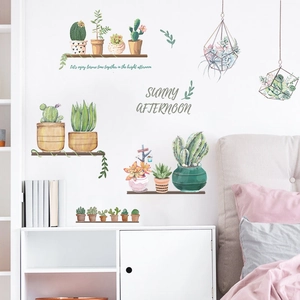 Pastoral Watercolor Cactus Succulent Potted Plant Wall Stickers Removable PVC Self-Adhesive Mural For Home Bedroom Living Room Decor