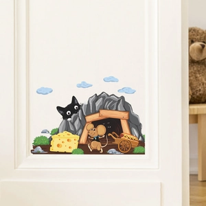 Cartoon mouse and cat wall sticker for kids room featuring cheese and hotdog cart