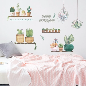 Watercolor cactus wall stickers for bedroom with sunny afternoon decorative lettering
