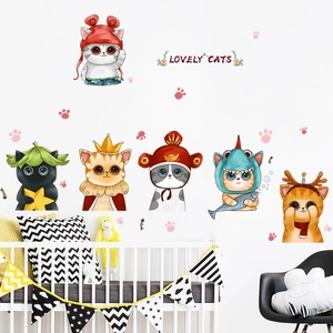 Cartoon cat wall stickers set featuring hand-drawn kittens for kids' room wall decor