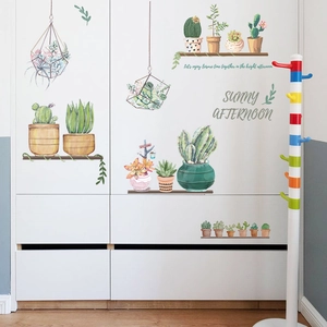 Watercolor cactus and hanging basket wall stickers on white minimalist cabinet