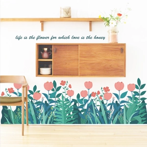 Stickers Muraux Dessin Animé Fleur Tropicale Tulipe Feuilles Vertes PVC Auto-Adhésif Amovible Décoration Maison Pour Salon Chambre