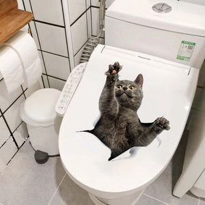 3D realistic grey British Shorthair cat wall sticker for toilet and bathroom decor