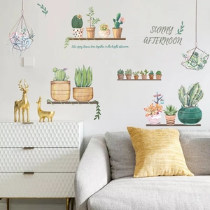 Pastel watercolor cactus and succulent wall stickers for home decoration in a living room