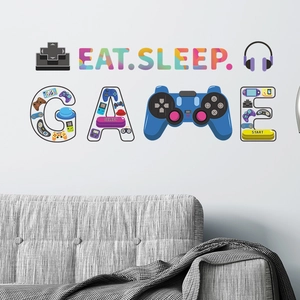 Eat Sleep Game wall decal with game controllers for boys bedroom and gaming room decor