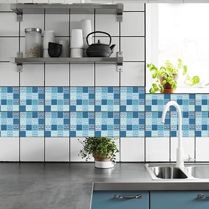 Blue geometric tile stickers for kitchen backsplash with wave and heart patterns
