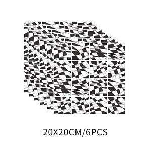 Detailed close-up of 6-piece black and white warped grid tile stickers sized 20x20cm