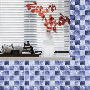 Blue and white marble pattern self-adhesive tile stickers in a grid layout for home decor