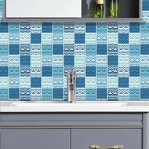 Modern blue geometric grid self-adhesive wall tile stickers for kitchen and bathroom decor