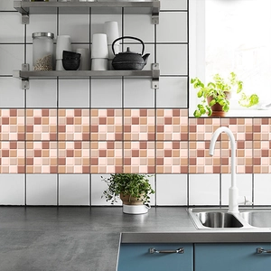 Self-adhesive mosaic wall stickers with orange and brown checkerboard tile patterns