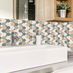 Self-adhesive mosaic tile stickers with grey and beige geometric pattern for bathroom decor