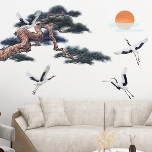 Chinesischer Stil Tuschmalerei Wandsticker Sonne Kiefer Fliegende Kraniche Landschaft Abnehmbare PVC Aufkleber Wohnzimmer Sofa Hintergrund