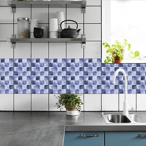 Blue and white mosaic tile wall stickers with watercolor pattern for kitchen decor