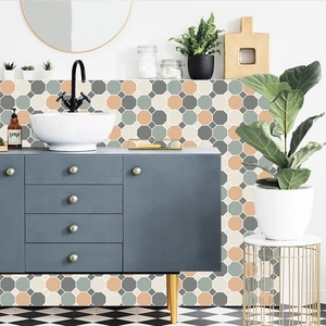 Detail of octagonal geometric tile stickers in Morandi colors for bathroom backsplash