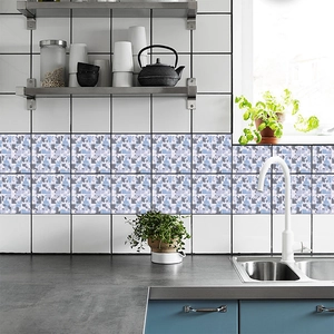 Blue and grey self-adhesive tile stickers with abstract patterns for kitchen backsplash