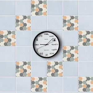 Detail of creative math clock with formula dial on a blue geometric tiled wall backdrop