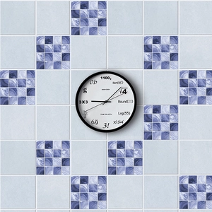Detailed view of creative geek wall clock with math equations on blue mosaic tiles