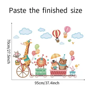 Tableau des tailles détaillé montrant le rendu final de 95x70cm des stickers train d'animaux