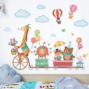 Stickers muraux d'animaux à vélo et montgolfières pour décoration de chambre d'enfant