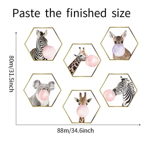 Detail showing hexagonal animal wall stickers with zebra and giraffe motifs and dimensions