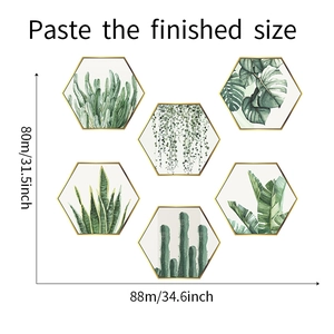 Detail showing dimensions of six hexagonal tropical plant wall stickers in a layout