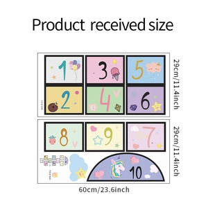 Detailed size chart for colorful unicorn hopscotch floor decals with numeric patterns