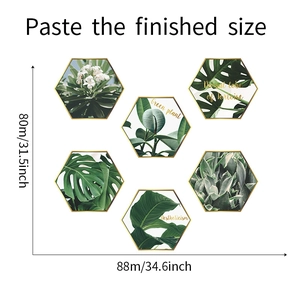 Detail showing the 80x88cm layout of 6 hexagonal tropical plant wall stickers with green leaves