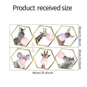 Detailed size chart showing two 30x90cm sheets of hexagon animal wall stickers