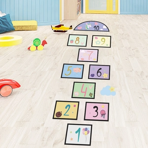 Macaron color hopscotch floor decals for kids room with cartoon unicorn and numbers 1 to 10