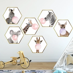 Set of 6 cute animal hexagon wall stickers for kids room decor with giraffe and koala