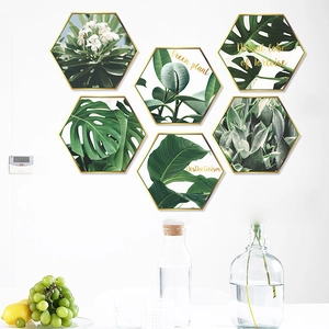 Set of 6 hexagonal Nordic gold-framed wall stickers with tropical monstera leaf designs