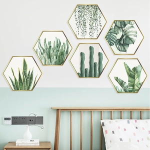 Tropical Green Plants Hexagonal Photo Frame Wall Stickers Nordic PVC Decorative Wallpaper For Living Room Bedroom Art Decal