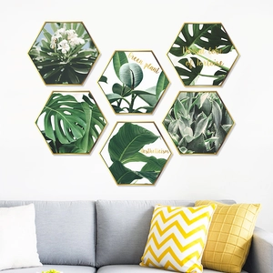 Set of six hexagonal green plant wall stickers with Monstera patterns for home decor