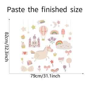Cartoon sheep castle and rainbow wall sticker layout with 82x79cm size dimensions