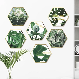 Nordic Hexagonal Green Plant Wall Sticker Set Monstera Leaf Tropical Botanical Gold Frame Decorative PVC Wall Decals For Home