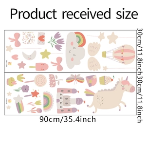 Unicorn and castle wall decal layout showing dimensions 60x90cm for kids bedroom