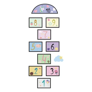 Colorful cartoon hopscotch floor stickers with numbers and hand-drawn cute patterns
