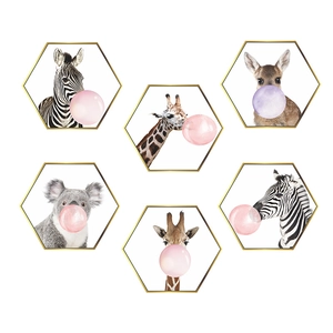 Set of 6 hexagon wall stickers featuring cute animals blowing colorful bubbles