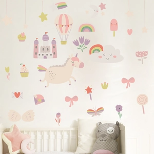 Cartoon sheep castle clouds wall stickers for kids bedroom decor in pastel colors