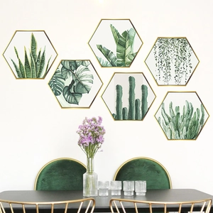 Set of 6 hexagonal tropical plant wall stickers with golden frames for home decoration
