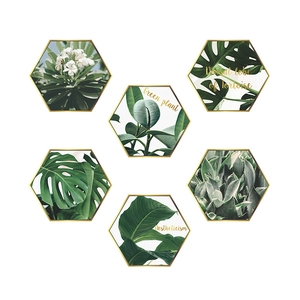 Hexagonal wall stickers set featuring tropical monstera plants and golden borders
