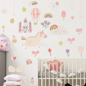 Cartoon unicorn and pink castle wall stickers set for children nursery bedroom decor