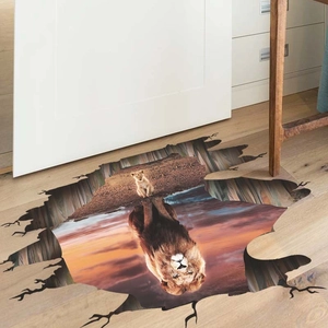 Adesivo murale 3D leone con riflesso tramonto ed effetto muro rotto per cameretta bimbi